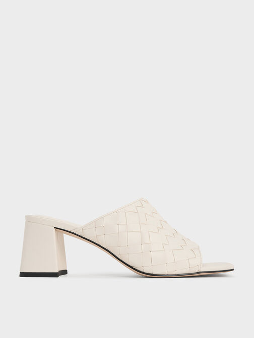 Woven Square-Toe Heeled Mules, Chalk, hi-res