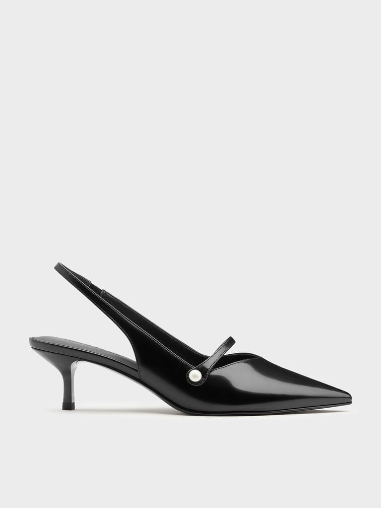 Helena Pearl-Buckle Slingback Kitten Heels, Black Box, hi-res