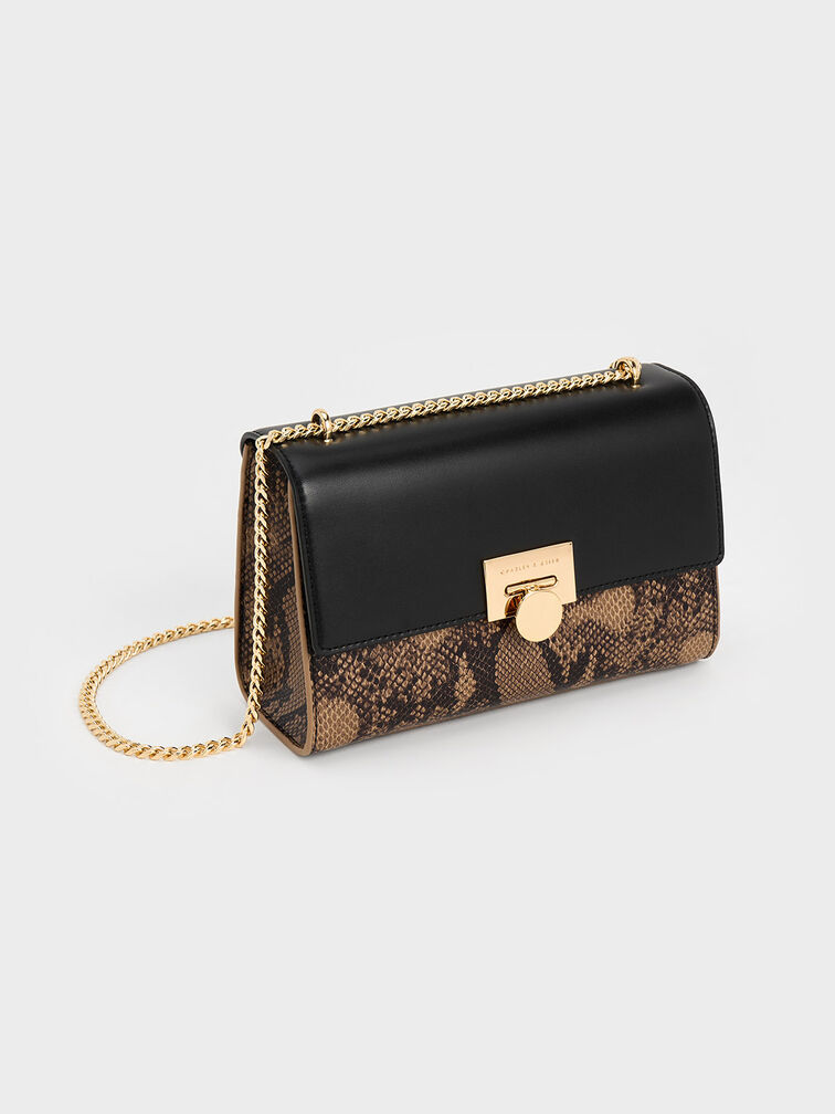 Ebba Snake Print Chain-Strap Bag, Beige, hi-res