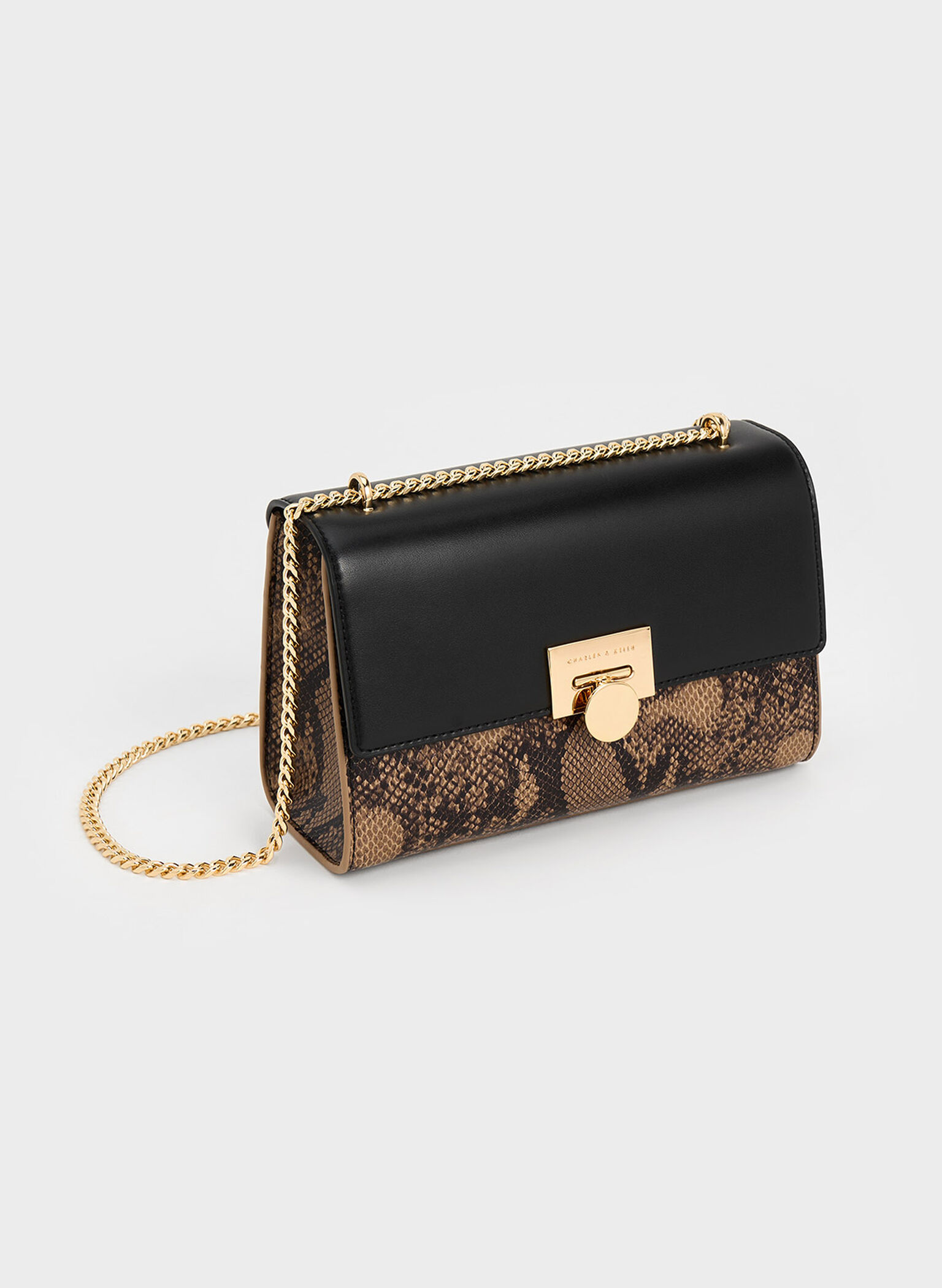 Ebba Snake Print Chain-Strap Bag, Beige, hi-res