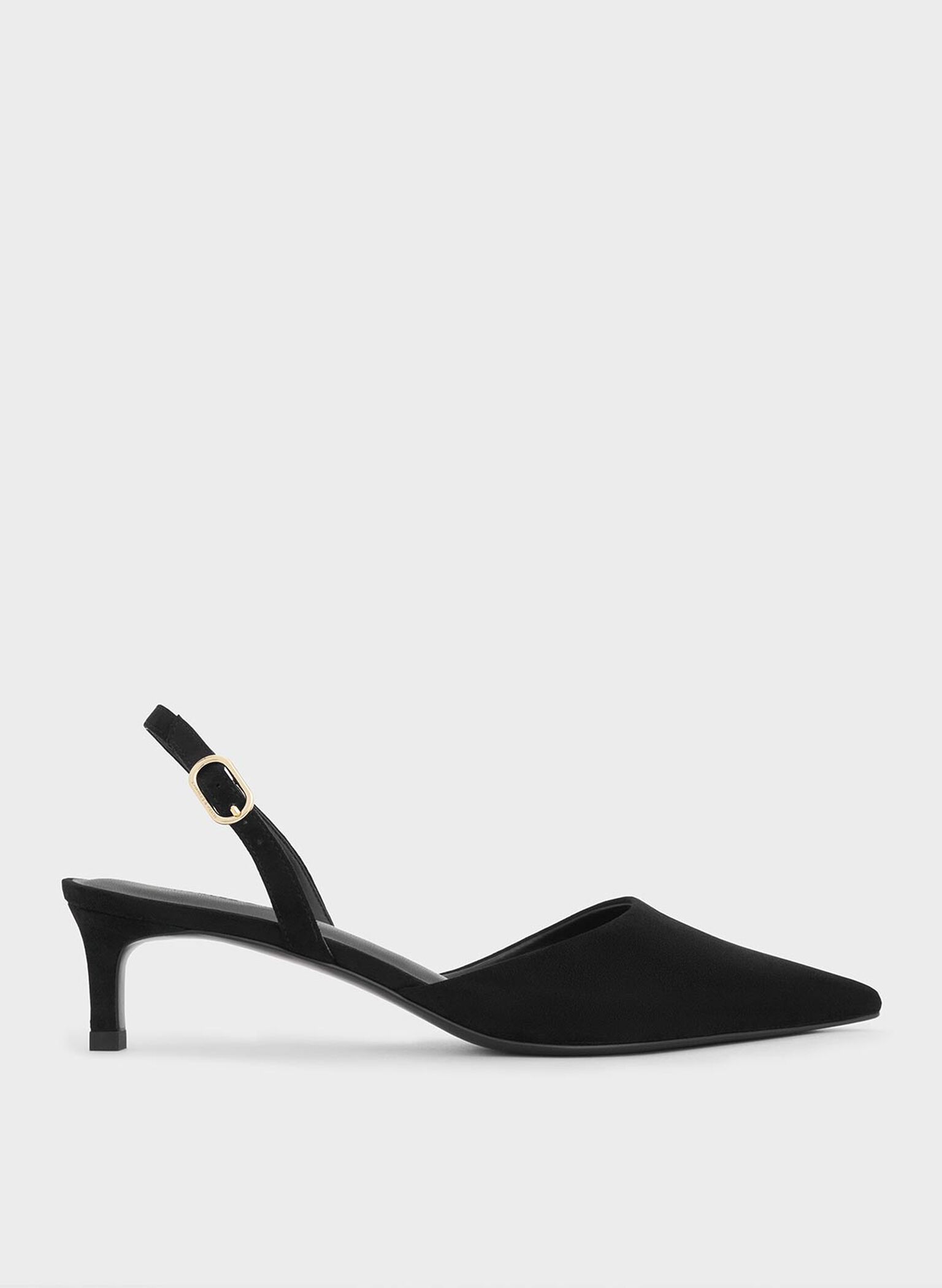 Faux Suede Pointed-Toe Slingback Kitten Heels, Black Textured, hi-res
