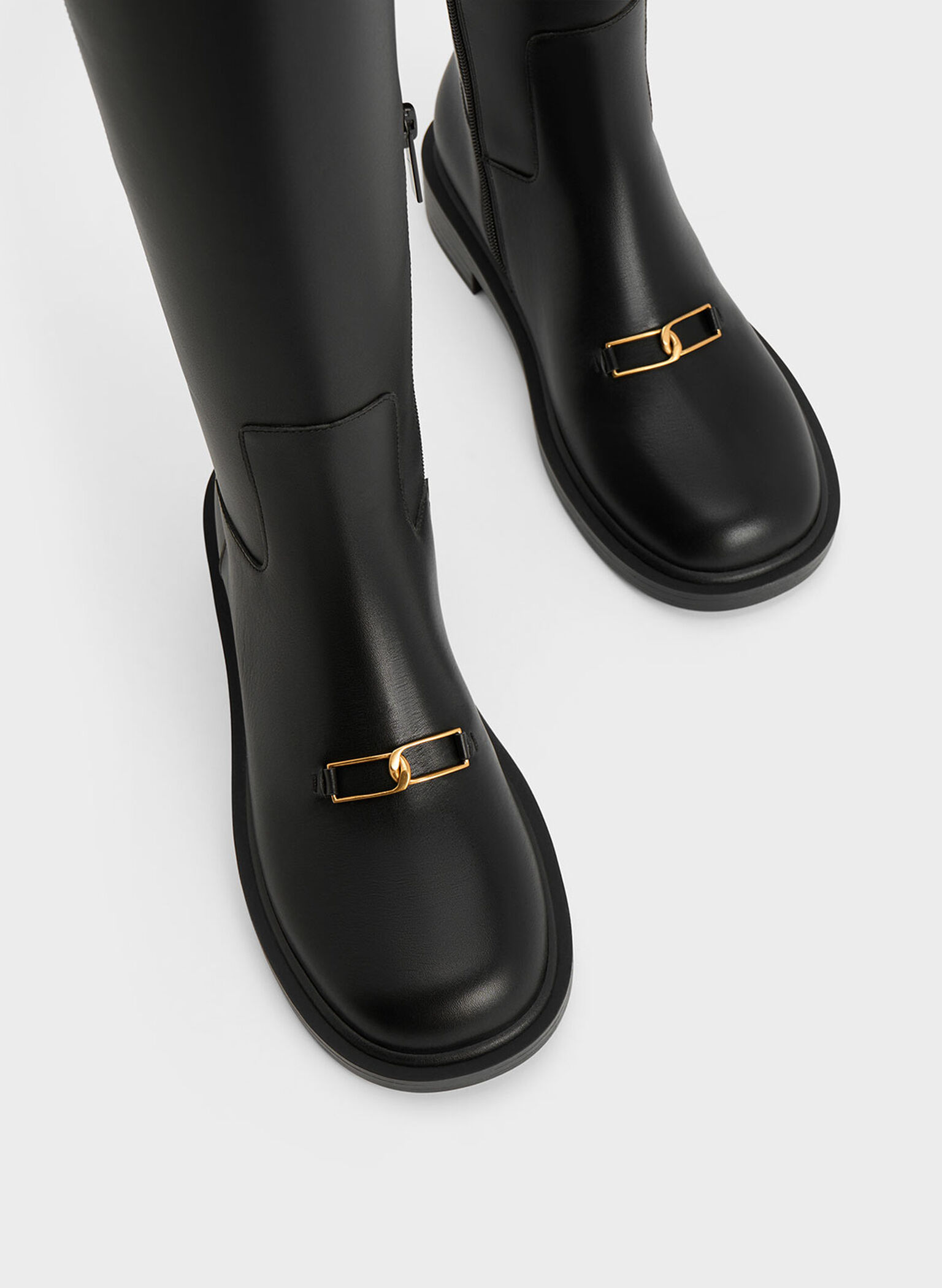 Gabine Leather Interlocking-Accent Knee-High Boots, Black, hi-res