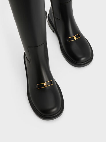 Gabine Leather Interlocking-Accent Knee-High Boots, Black, hi-res