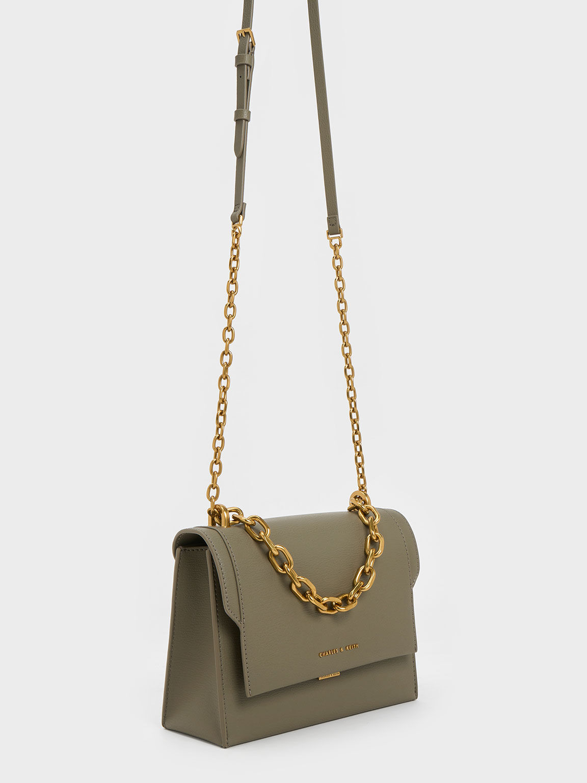 Khaki Front Flap Chain Handle Crossbody Bag CHARLES KEITH UK