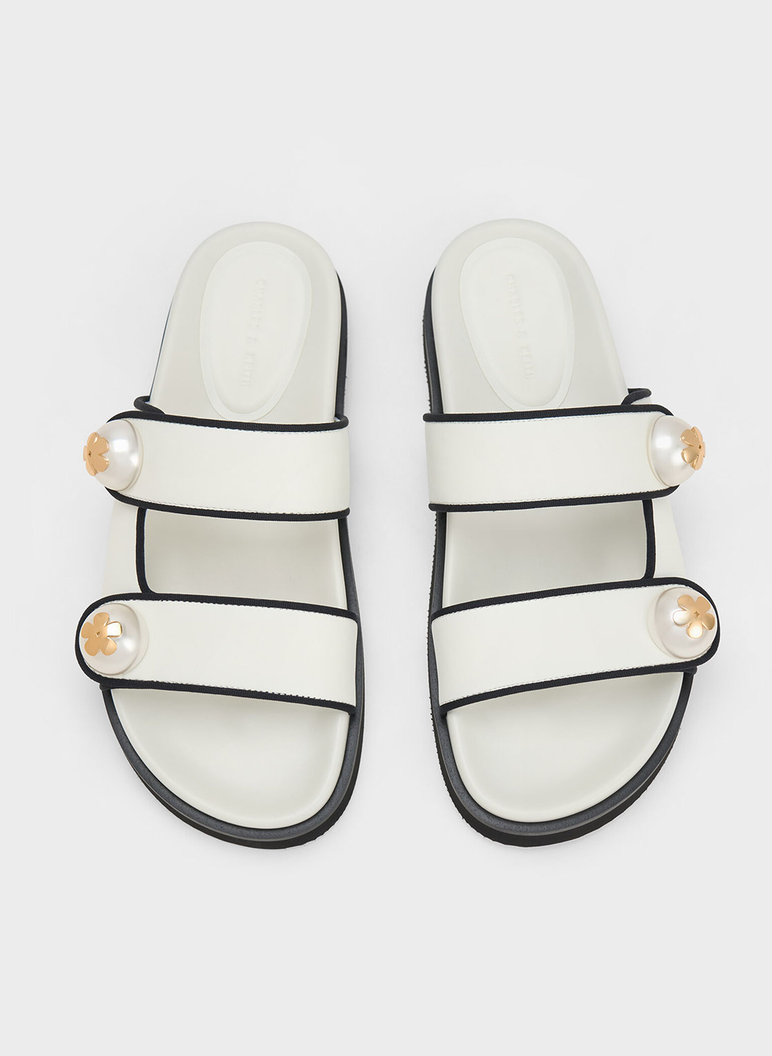 Pearl Embellished Contrast-Trim Slides, White, hi-res