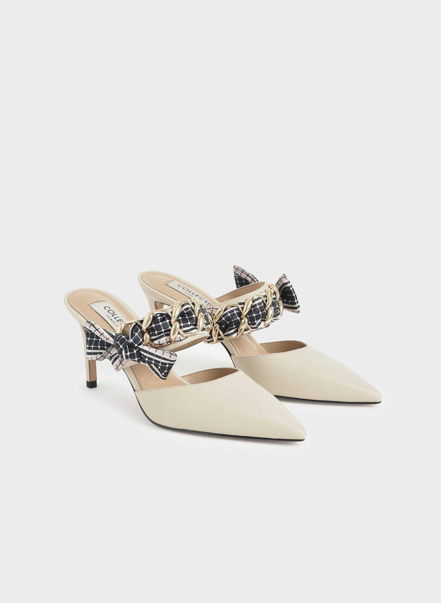 Printed Fabric Bow Leather Mules, Chalk, hi-res