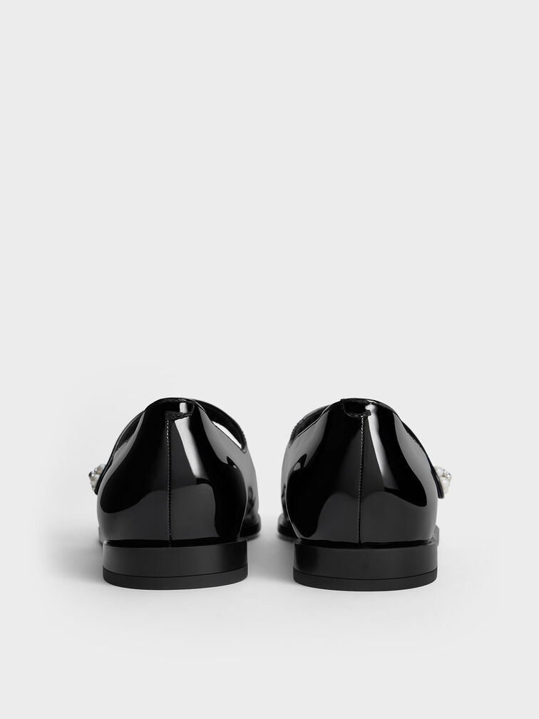 Patent Pearl-Embellished Flower-Buckle Cap-Toe Mary Janes, Black Patent, hi-res