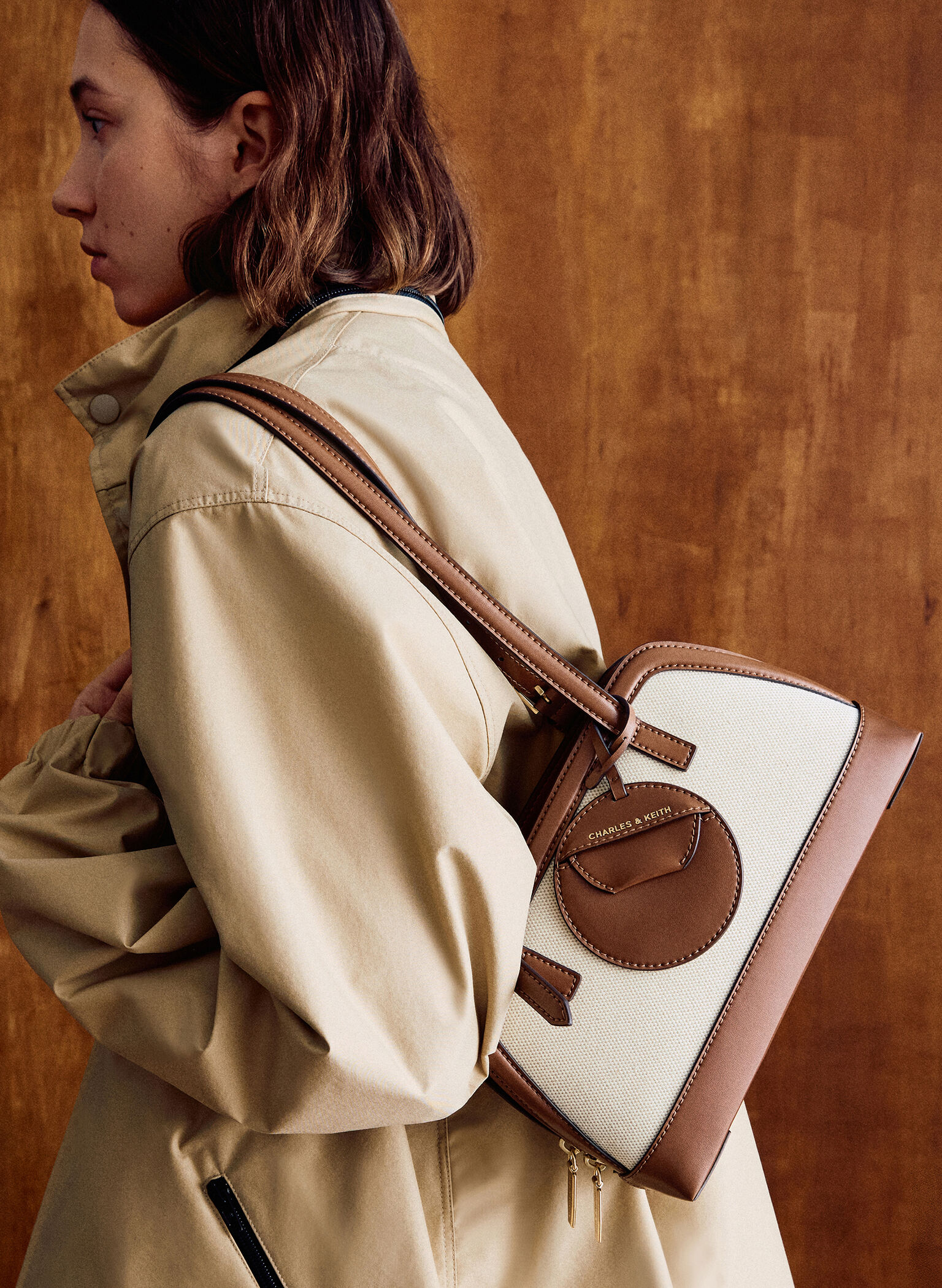 Enola Canvas Two-Tone Elongated-Handle Bag, Chocolate, hi-res