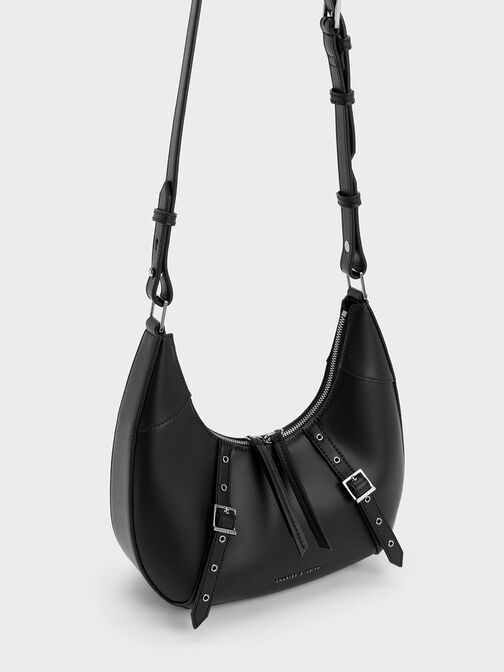 Grommet Crescent Hobo Bag, Noir, hi-res