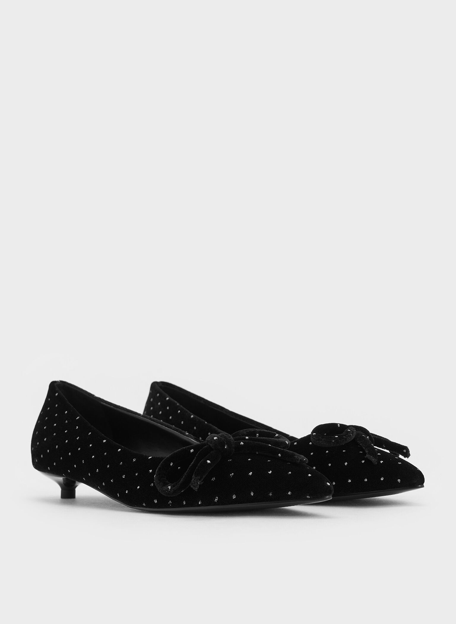 Velvet Dotted Bow Pointed-Toe Kitten-Heel Pumps, Black Textured, hi-res