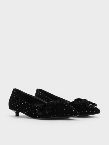 Velvet Dotted Bow Pointed-Toe Kitten-Heel Pumps, Black Textured, hi-res