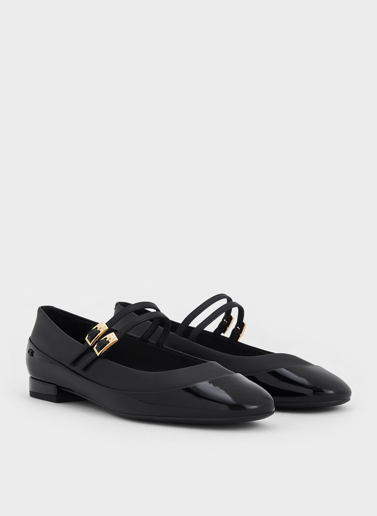 Leather & Patent Double-Strap Mary Jane Flats, Black, hi-res
