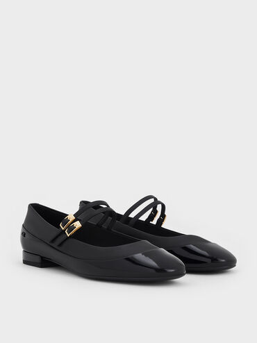 Leather & Patent Double-Strap Mary Jane Flats, Black, hi-res