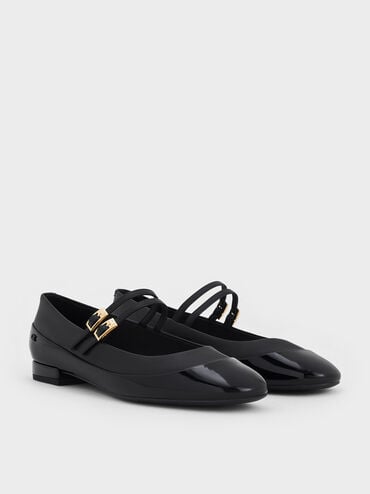 Leather & Patent Double-Strap Mary Jane Flats, Black, hi-res
