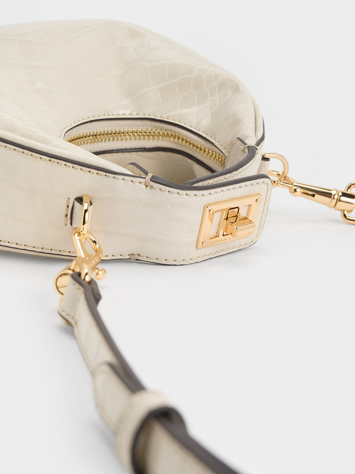 Mini Croc Effect Moon Bag Ivory