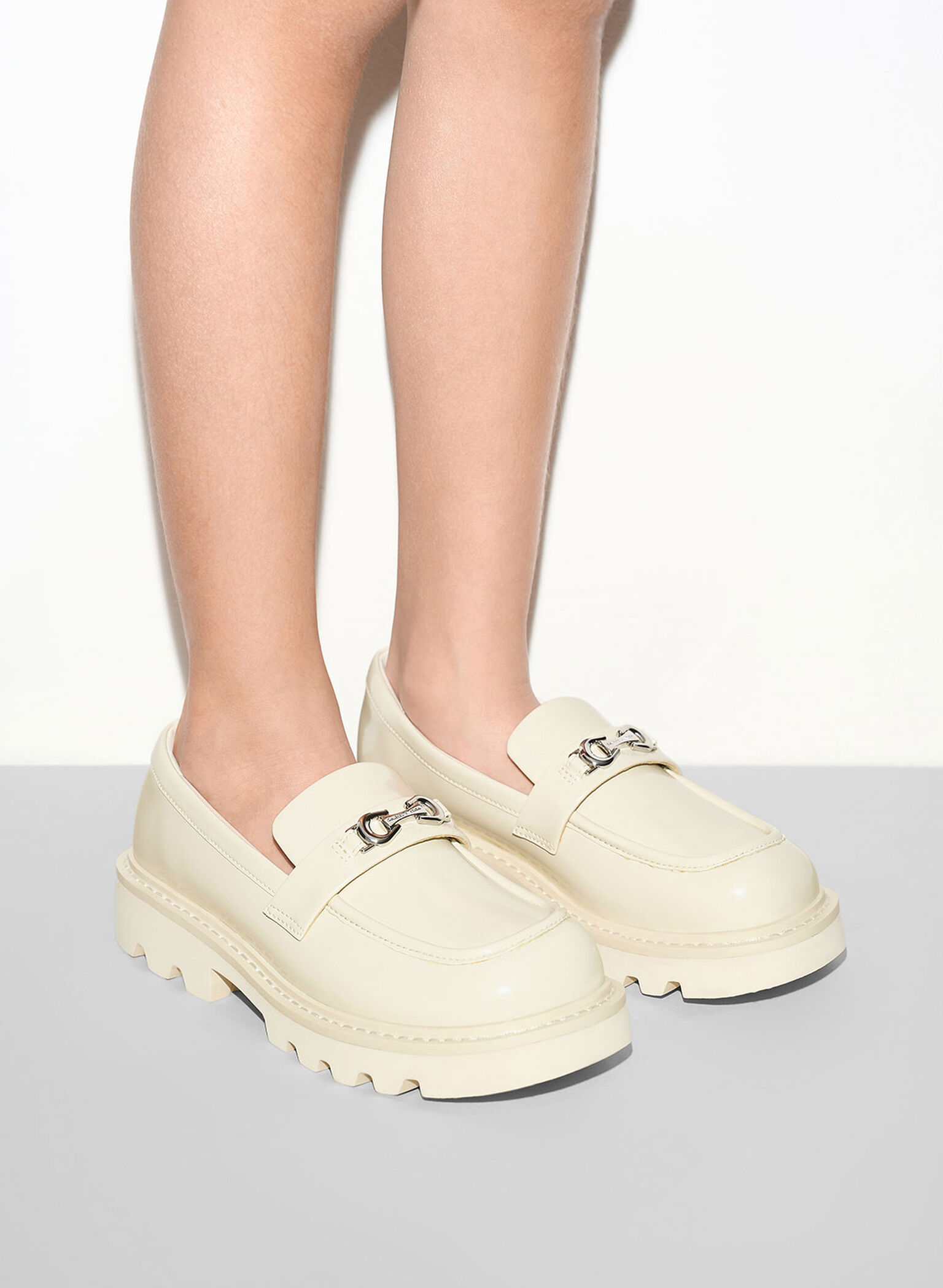 Girls' Metallic Accent Chunky Loafers, Chalk, hi-res