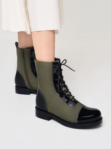 Nylon & Patent Combat Boots, Olive, hi-res