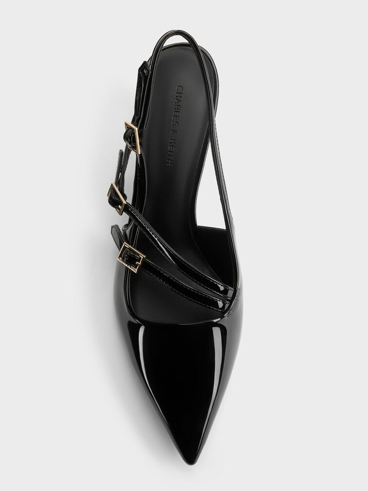 Patent Buckle-Strap Kitten Heel Slingback Pumps, Black Patent, hi-res