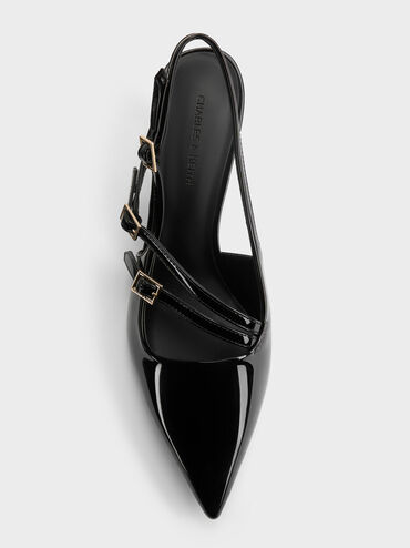 Patent Buckle-Strap Kitten Heel Slingback Pumps, Black Patent, hi-res
