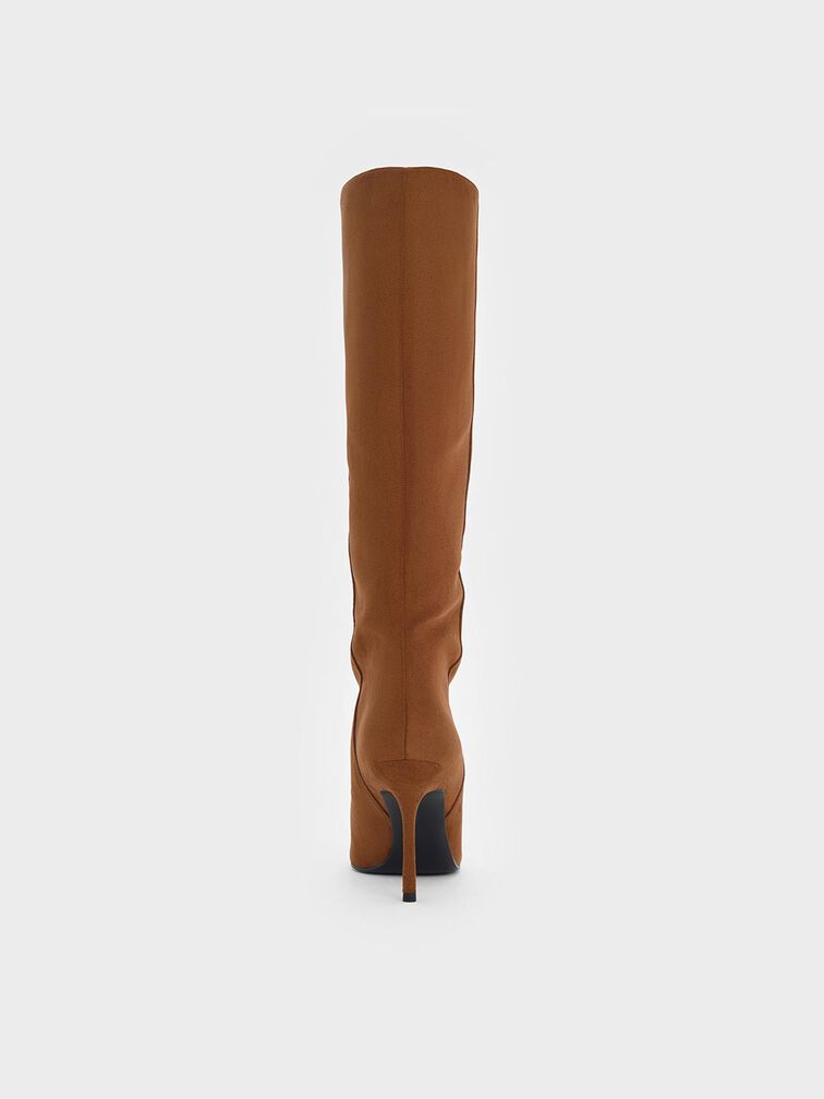 Faux Suede Pointed-Toe Stiletto-Heel Knee-High Boots, Cognac, hi-res