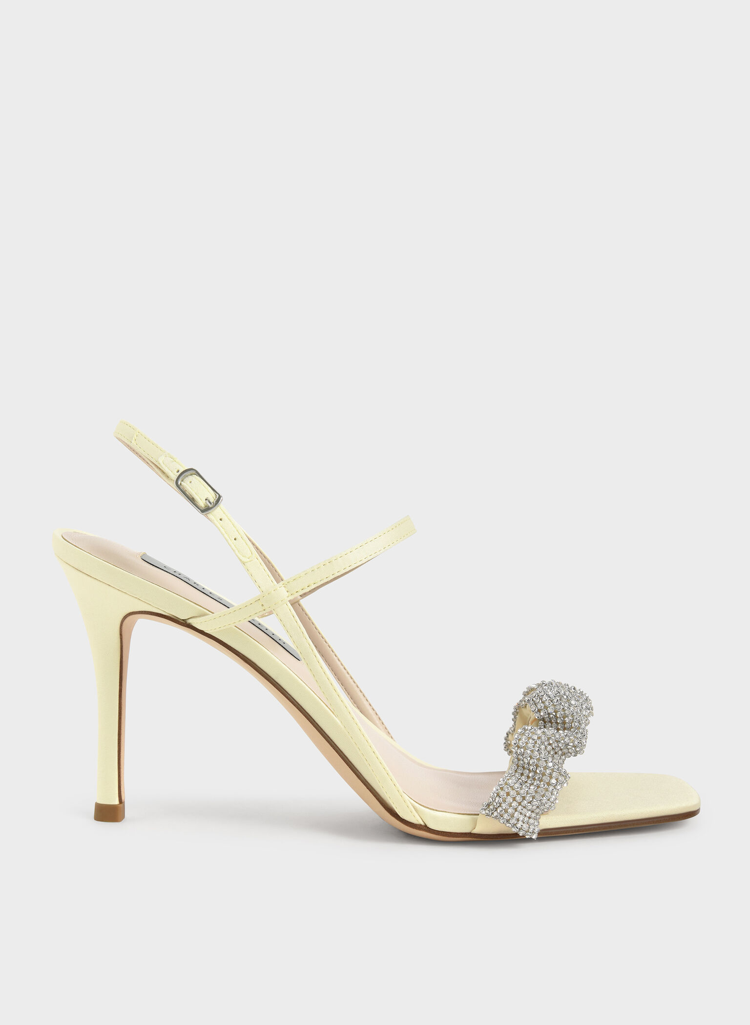 Gem-Embellished Satin Stiletto Sandals, Yellow, hi-res