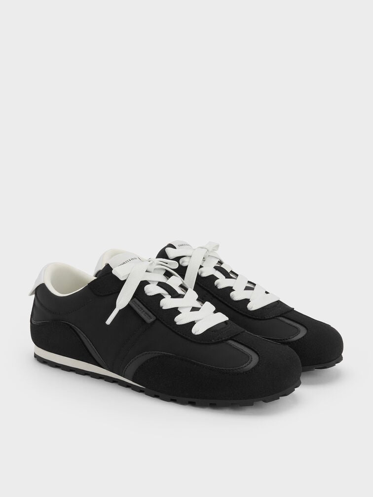 Nylon Contrast-Panel Lace-Up Sneakers, Black Textured, hi-res