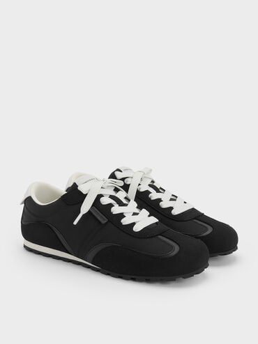 Nylon Contrast-Panel Lace-Up Sneakers, Black Textured, hi-res