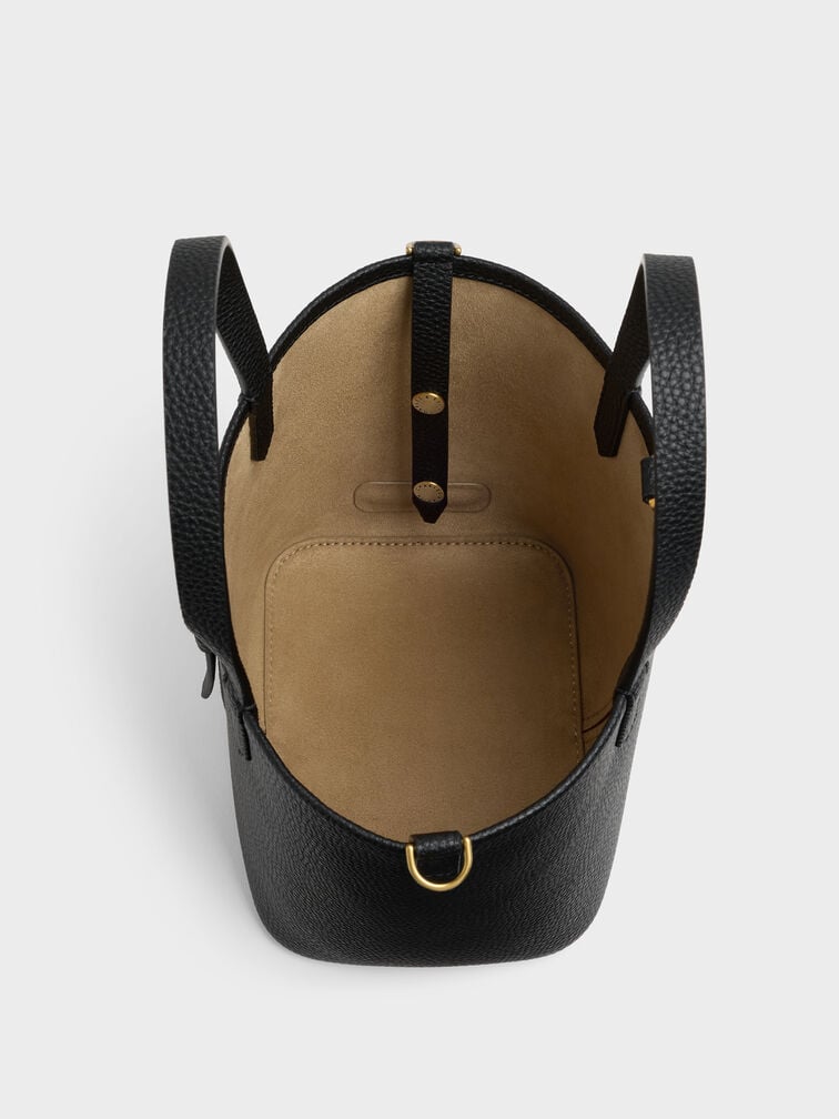 Beryl Recycled Leather Double-Handle Belted Bucket Bag, Black, hi-res