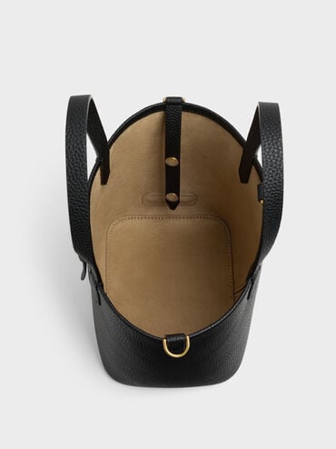 Beryl Recycled Leather Double-Handle Belted Bucket Bag, Black, hi-res