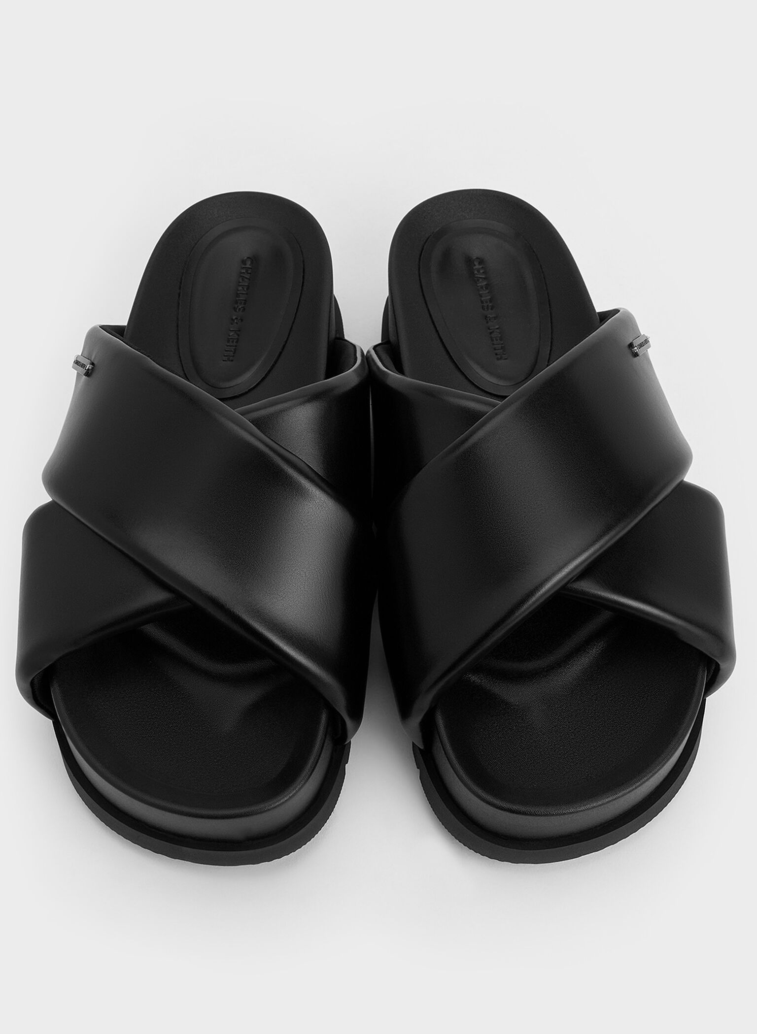 Crossover-Strap Flatform Sandals, Black, hi-res