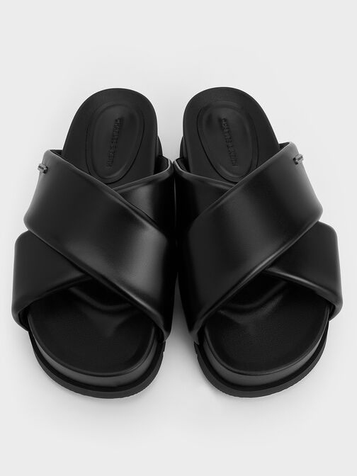 Crossover-Strap Flatform Sandals, Black, hi-res
