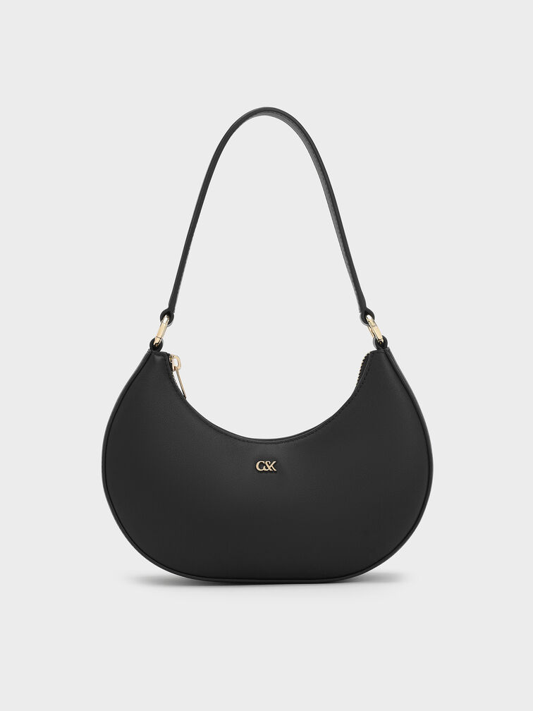 Leather Crescent Hobo Bag, Black, hi-res