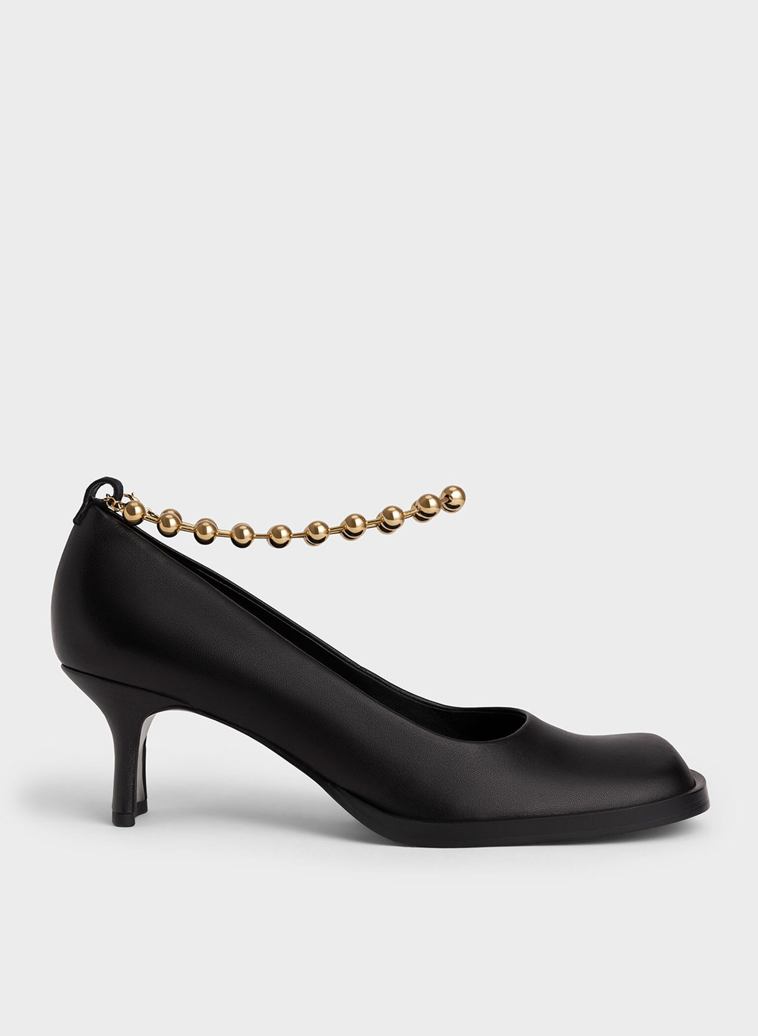 Embellished Ankle Strap Leather Pumps, Black, hi-res