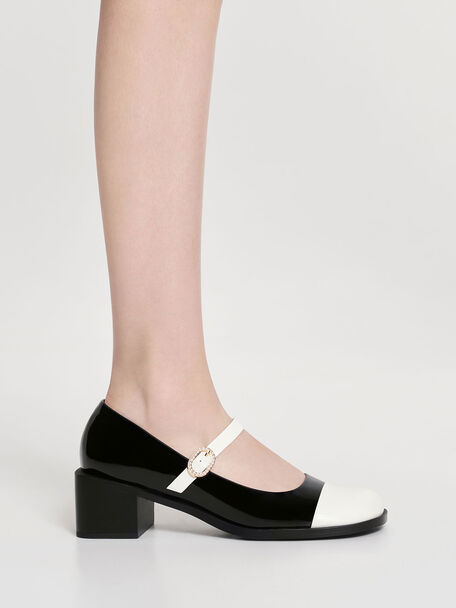 Patent Crystal-Embellished Buckle Two-Tone Mary Janes, Black Patent, hi-res