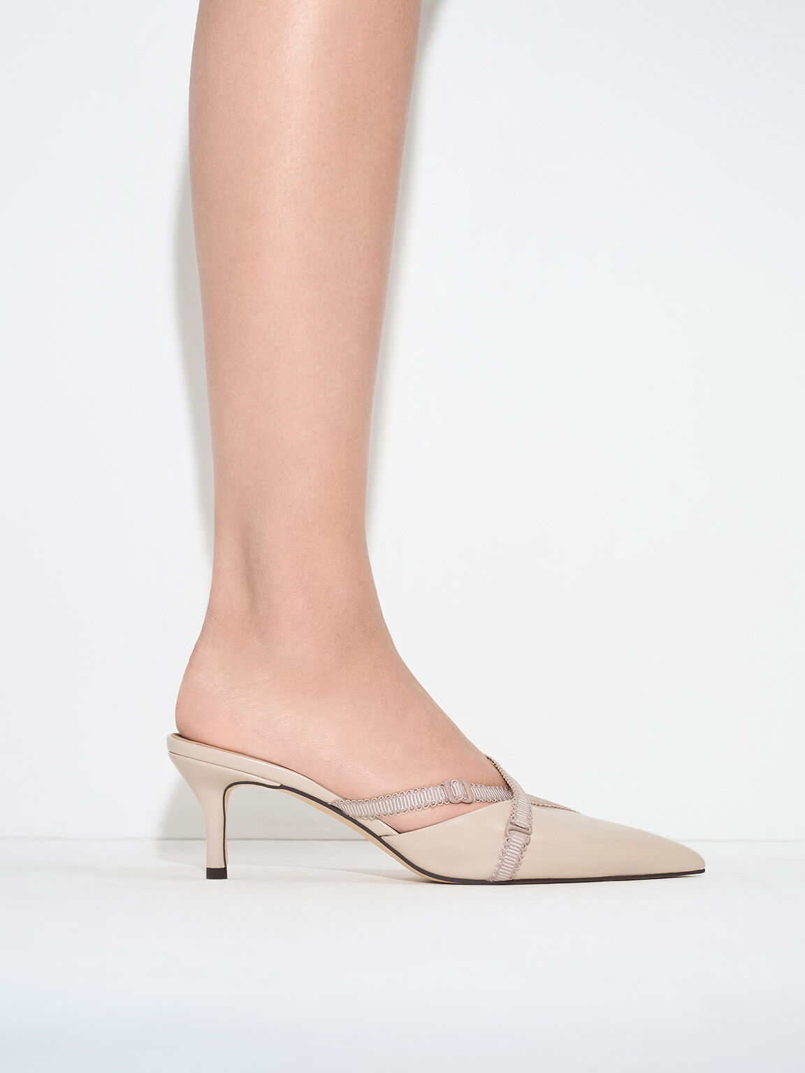 Grosgrain Strap Pointed Toe Mules Nude