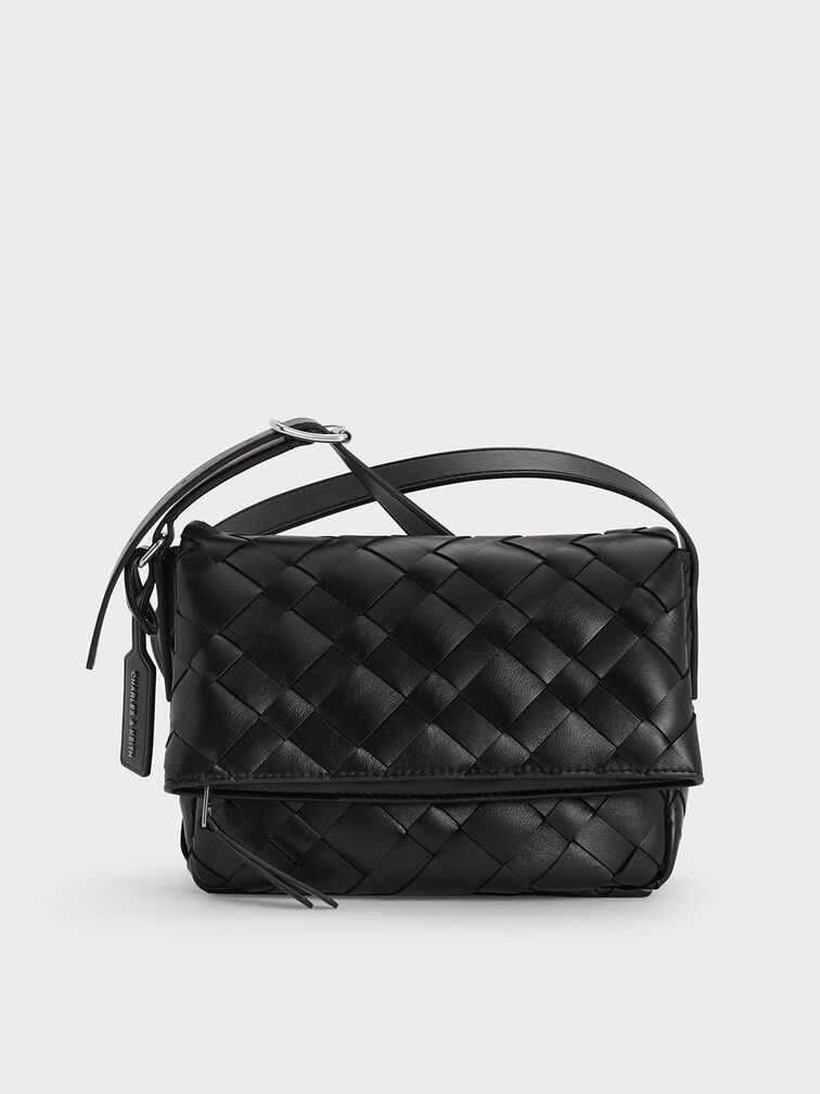 Ivette Woven Front Flap Crossbody Bag, Noir, hi-res