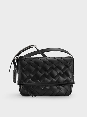 Ivette Woven Front Flap Crossbody Bag, Noir, hi-res