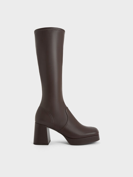 Evie Platform Block-Heel Knee-High Boots, Dark Brown, hi-res