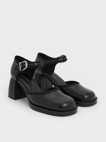 Block-Heel Ankle-Strap D'Orsay Pumps, Black, hi-res