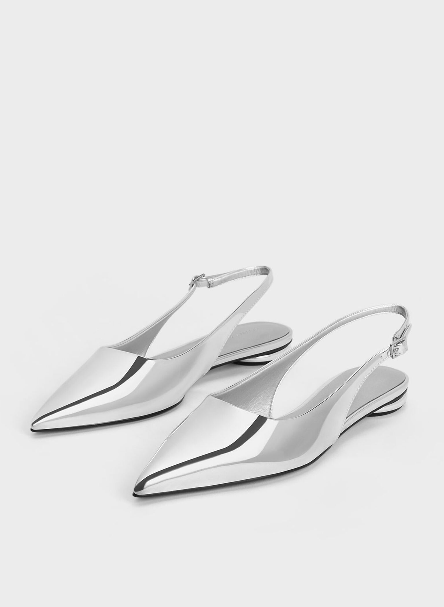Metallic Pointed-Toe Slingback Flats, Silver, hi-res