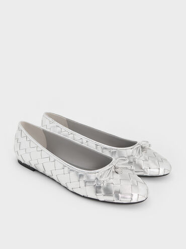 Metallic Woven Bow Ballet Flats, Silver, hi-res