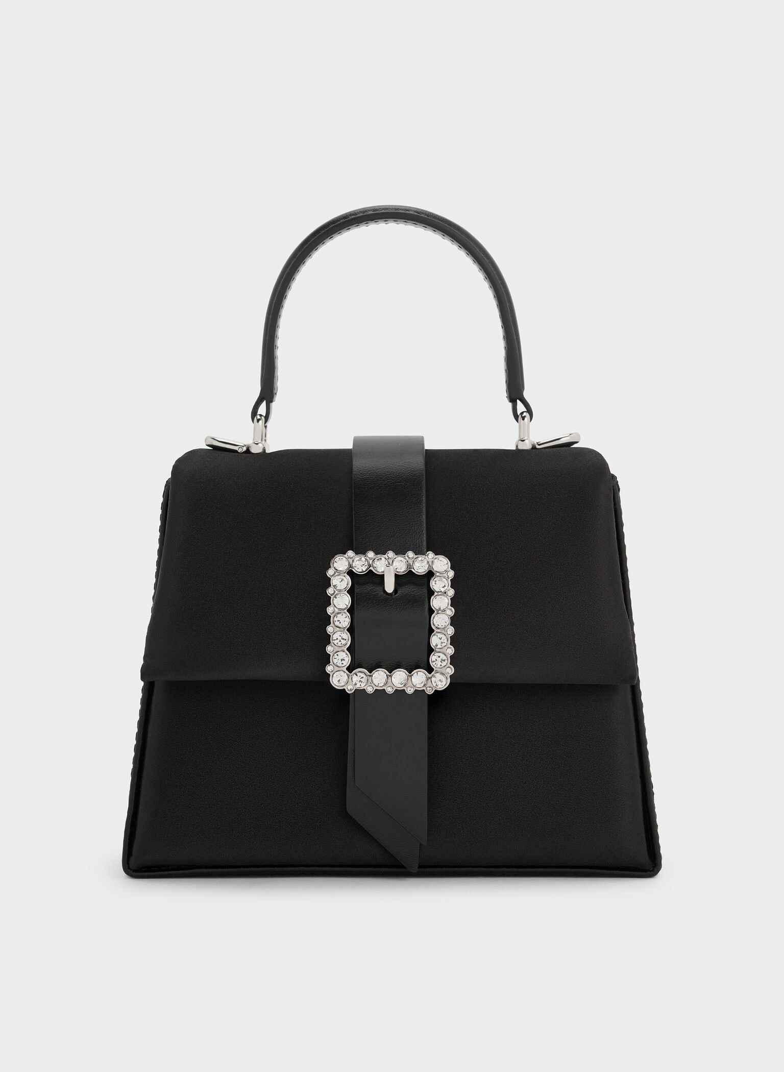 Satin Crystal-Buckle Belted Top Handle Bag, Noir, hi-res