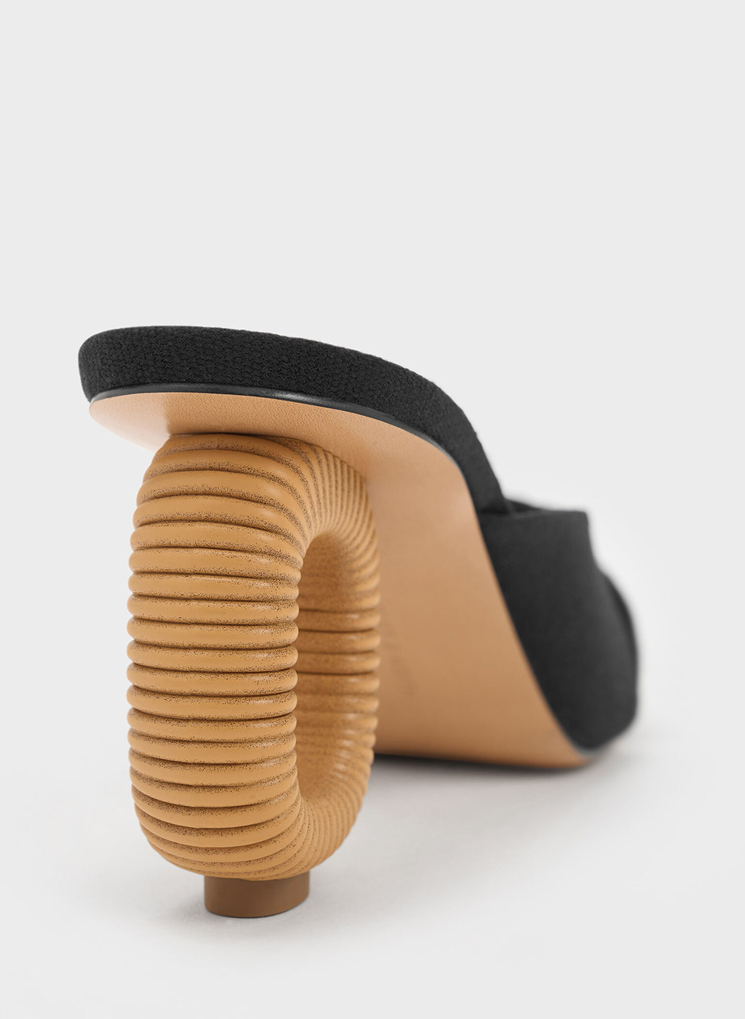 Linen Cut-Out Sculptural-Heel Mules, Black Textured, hi-res