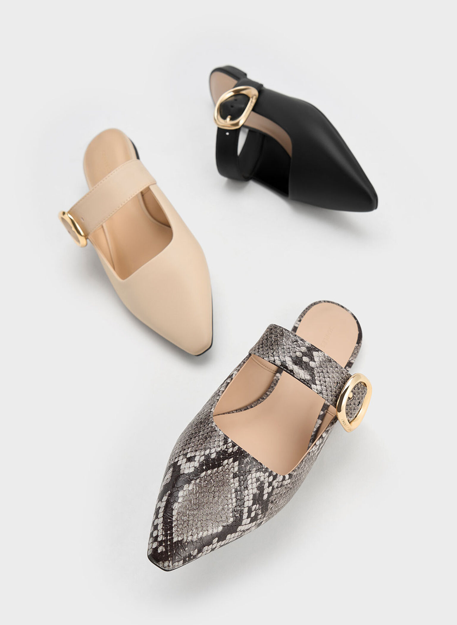 Buckle-Strap Flat Mules, Black, hi-res