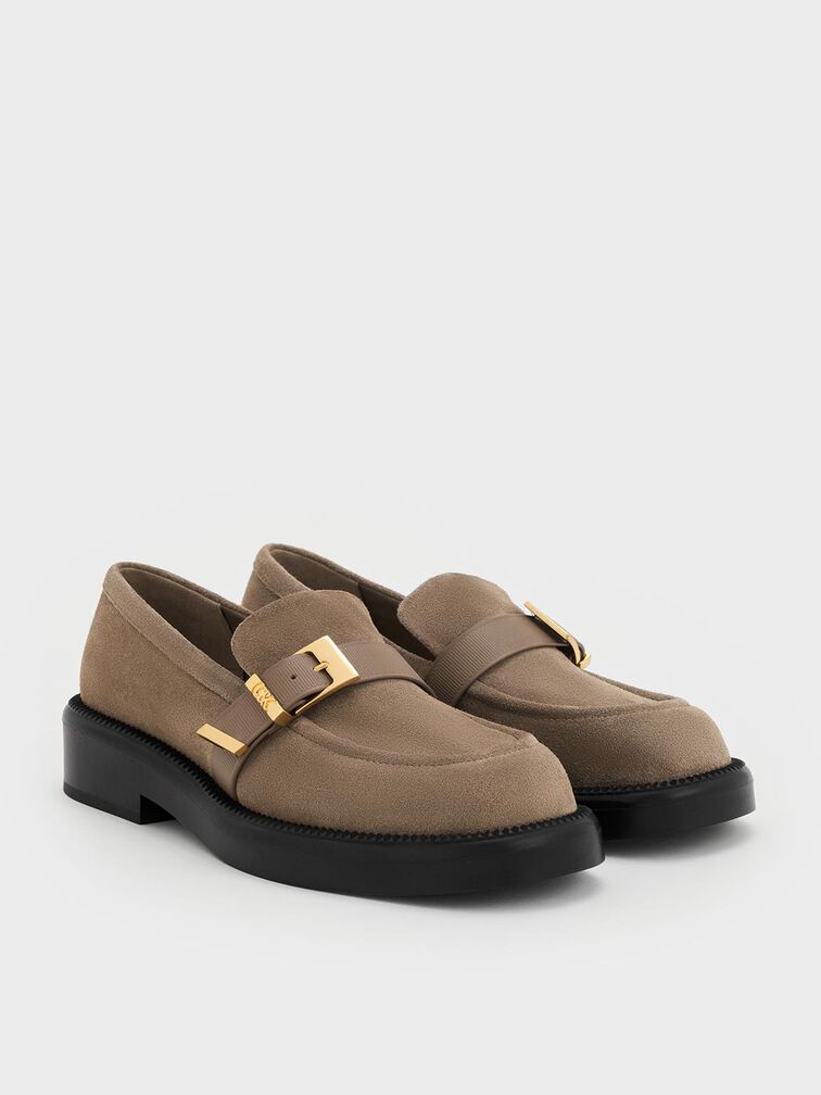 Leather & Suede Buckled-Strap Loafers, Taupe, hi-res
