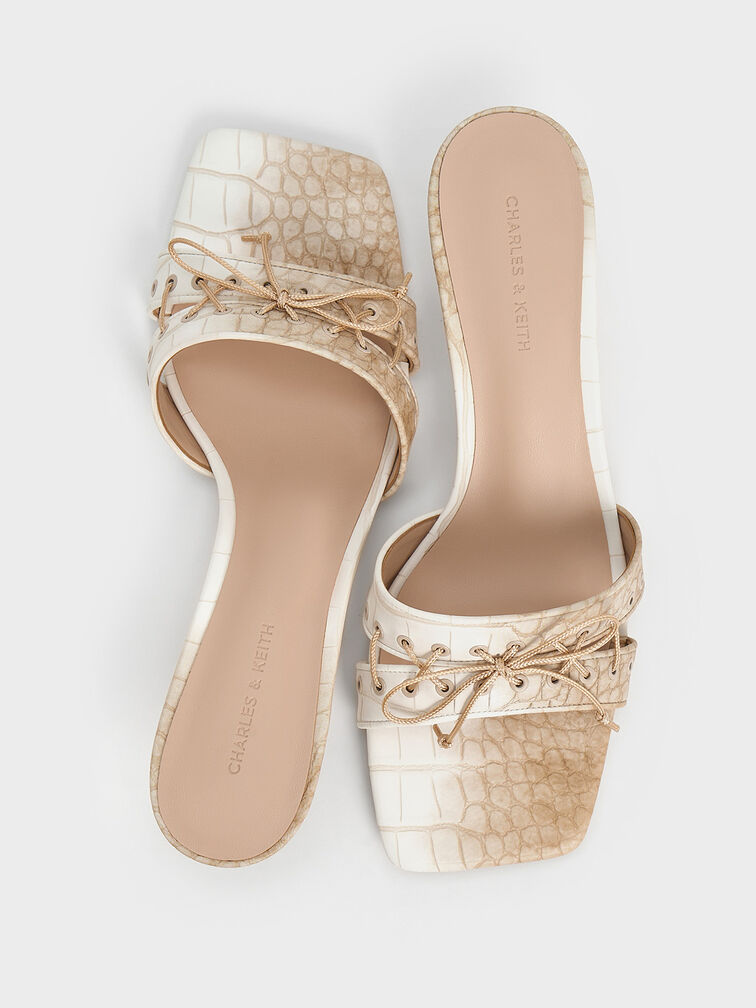 Croc-Effect Lace-Up Double-Strap Kitten-Heel Mules, Chalk, hi-res