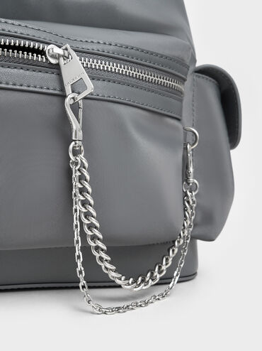 Nylon Puffy Chain-Link Backpack, Grey, hi-res