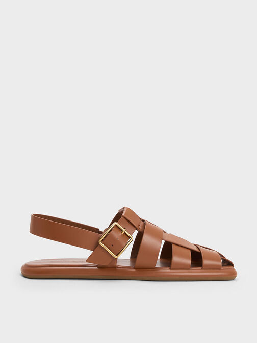 Metallic Buckle Caged Slingback Sandals, Cognac, hi-res