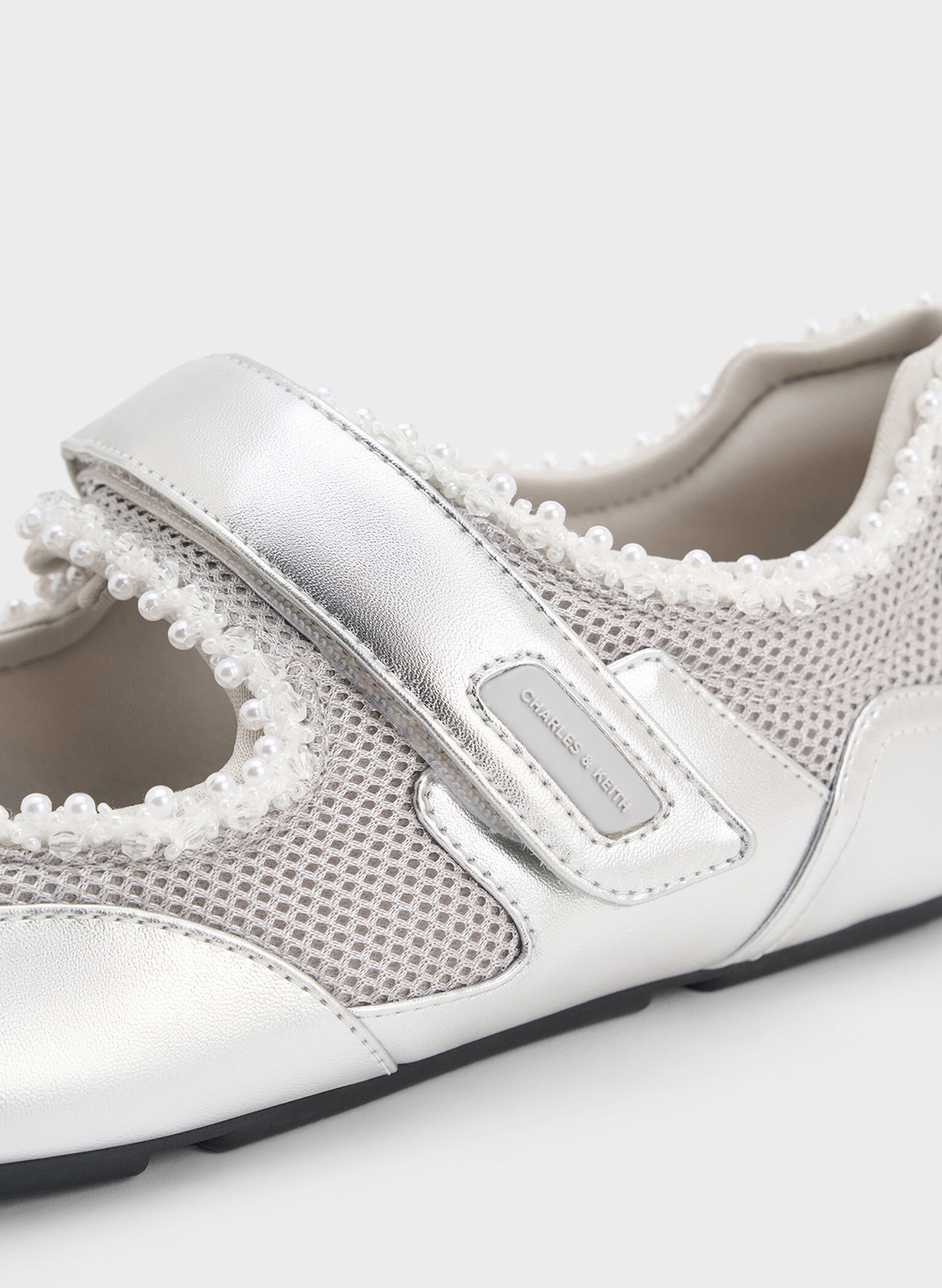 Metallic Mesh Pearl-Embellished Mary Jane Sneakers, Silver, hi-res