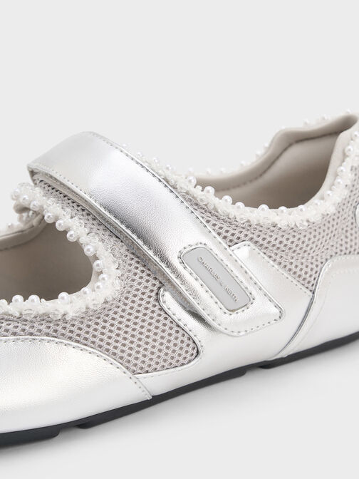Metallic Mesh Pearl-Embellished Mary Jane Sneakers, Silver, hi-res